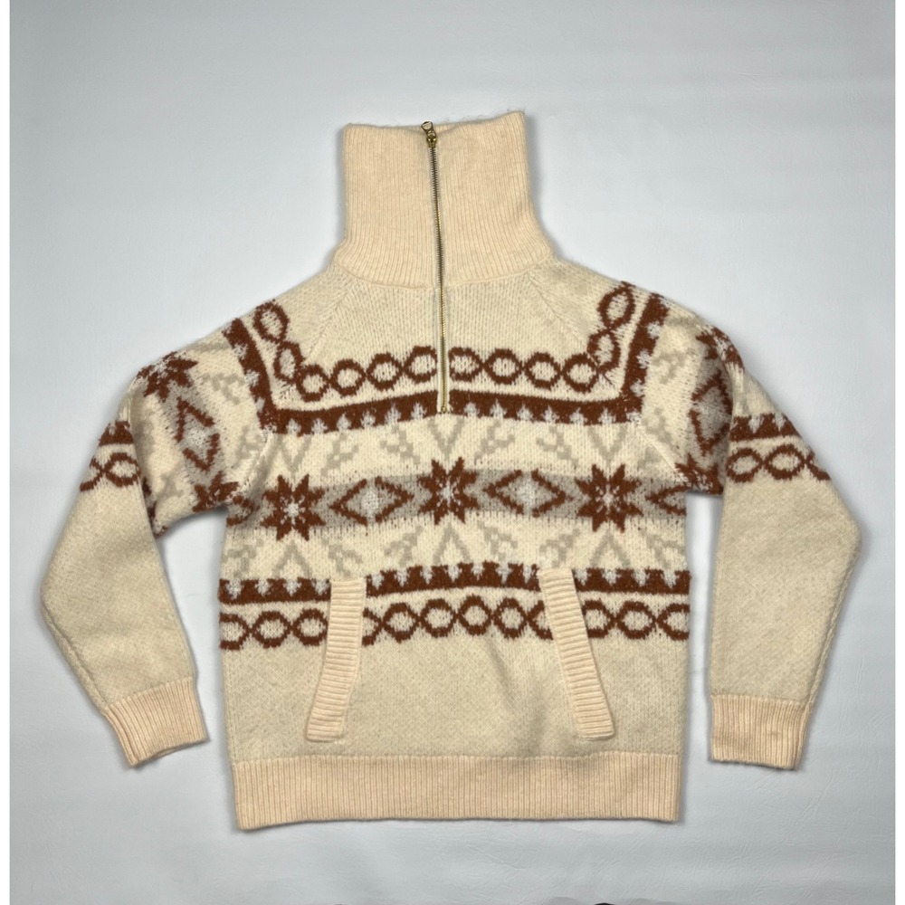 Varley Cai Fairisle Half Zip Sweater Womens XS Cream Brown Nordic Pullover